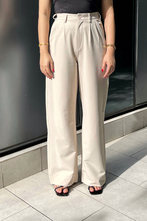 Wide Leg Pleated Pants for Women - Bisque