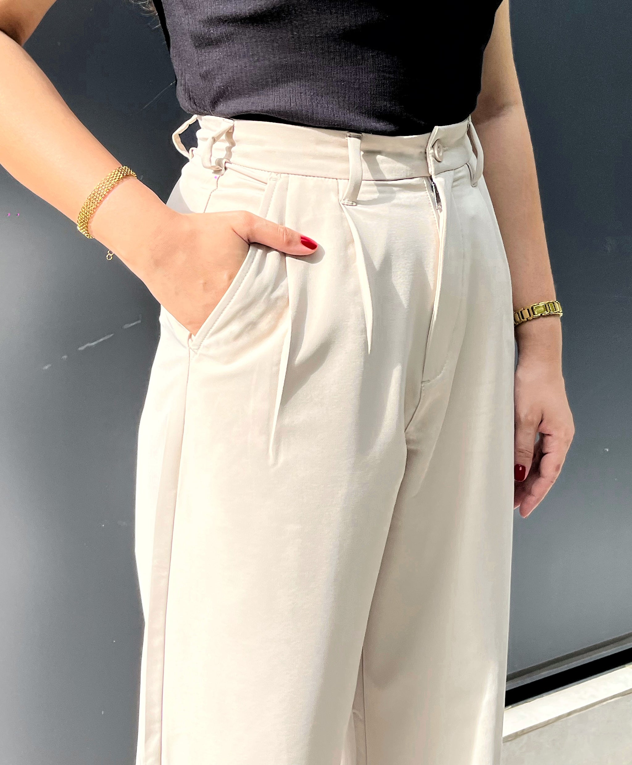 Wide Leg High Waist Pleated Pants for Women - Bisque