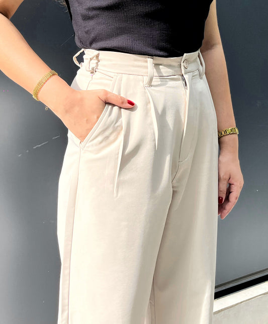 Wide Leg High Waist Pleated Pants for Women - Bisque