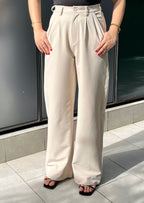 প্লিটেড হাই কোমর - মহিলাদের জন্য স্ট্রেইট লেগ প্যান্ট - হালকা বাদামী 