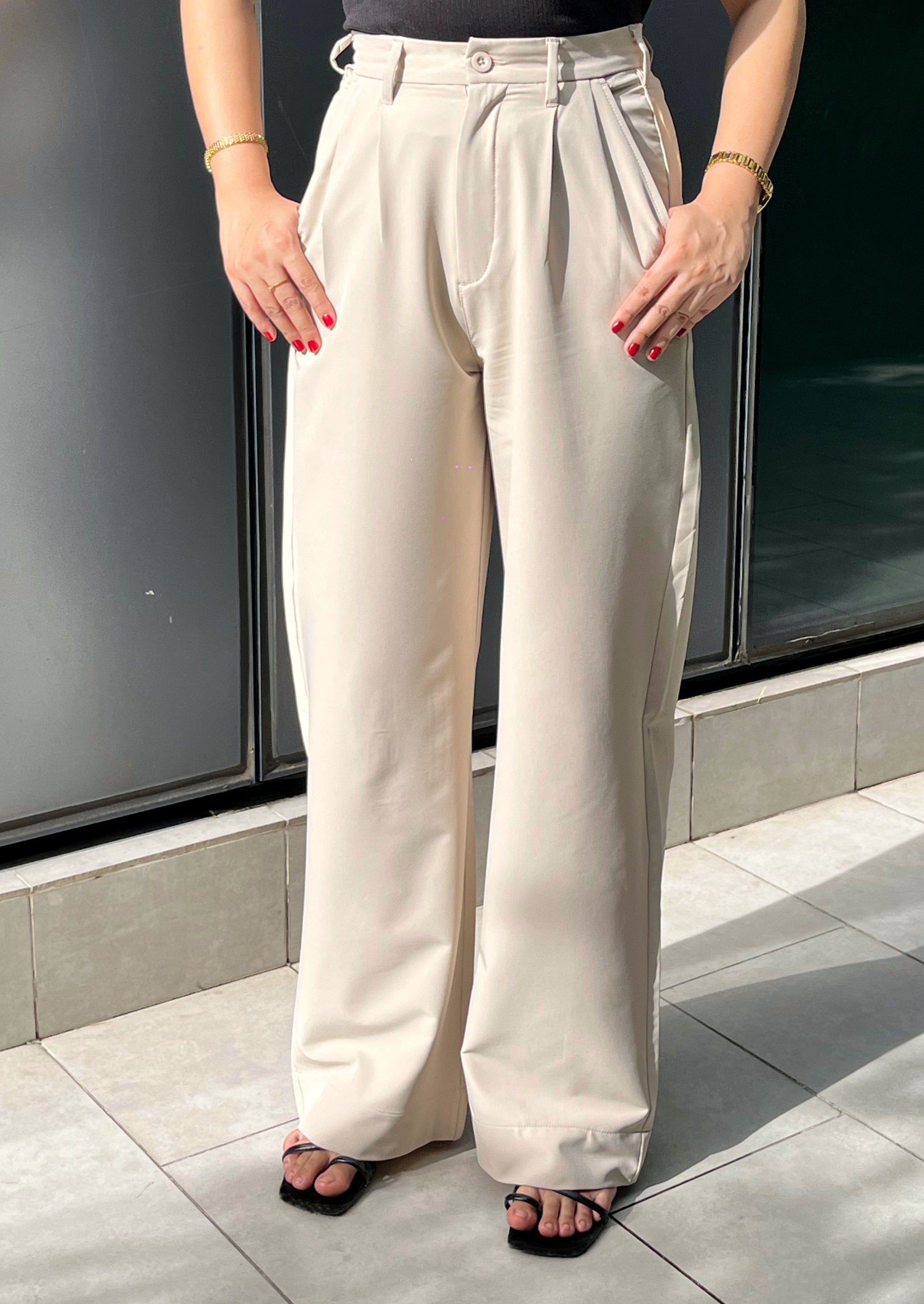 Wide Leg High Waist Pleated Pants for Women - Bisque