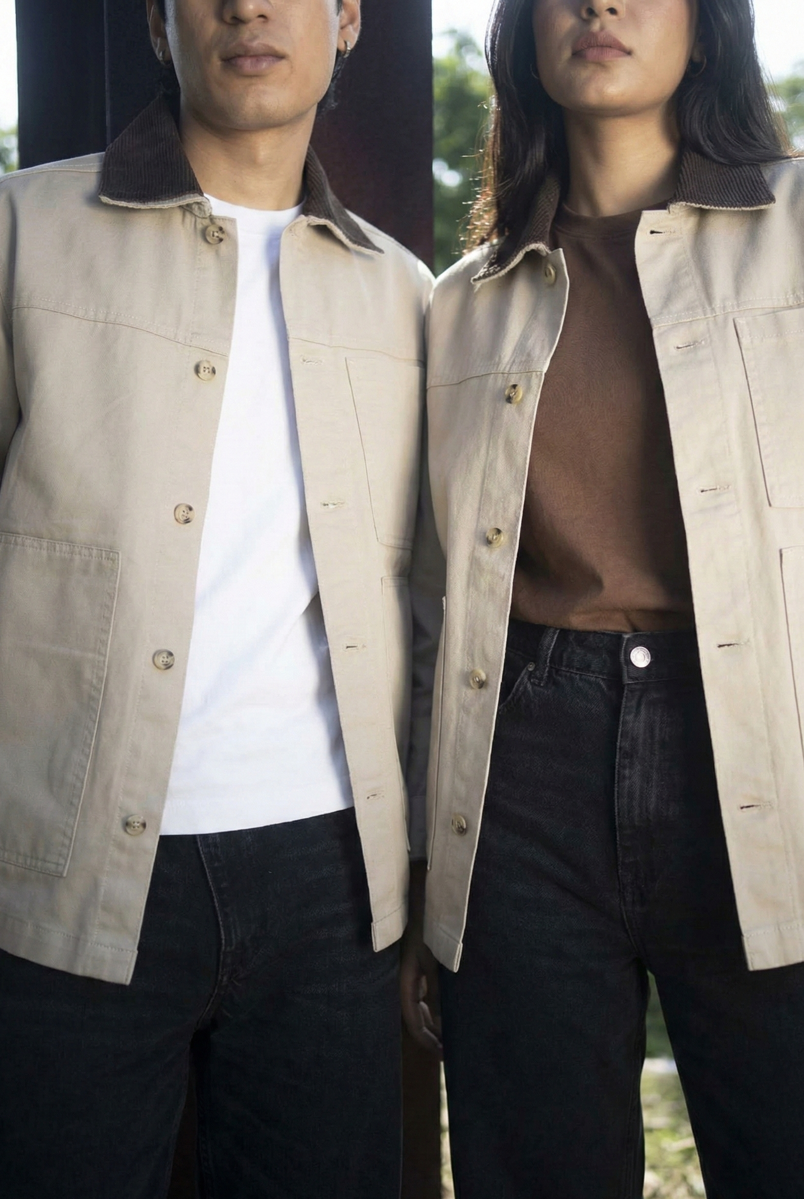 Chore Utility Jacket - Beige Body with Dark Brown Contrast Collar - Unisex