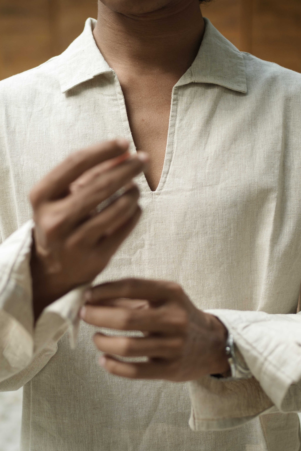 The Amalfi Shirt - Linen Effect V-Placket For Men  - Sand