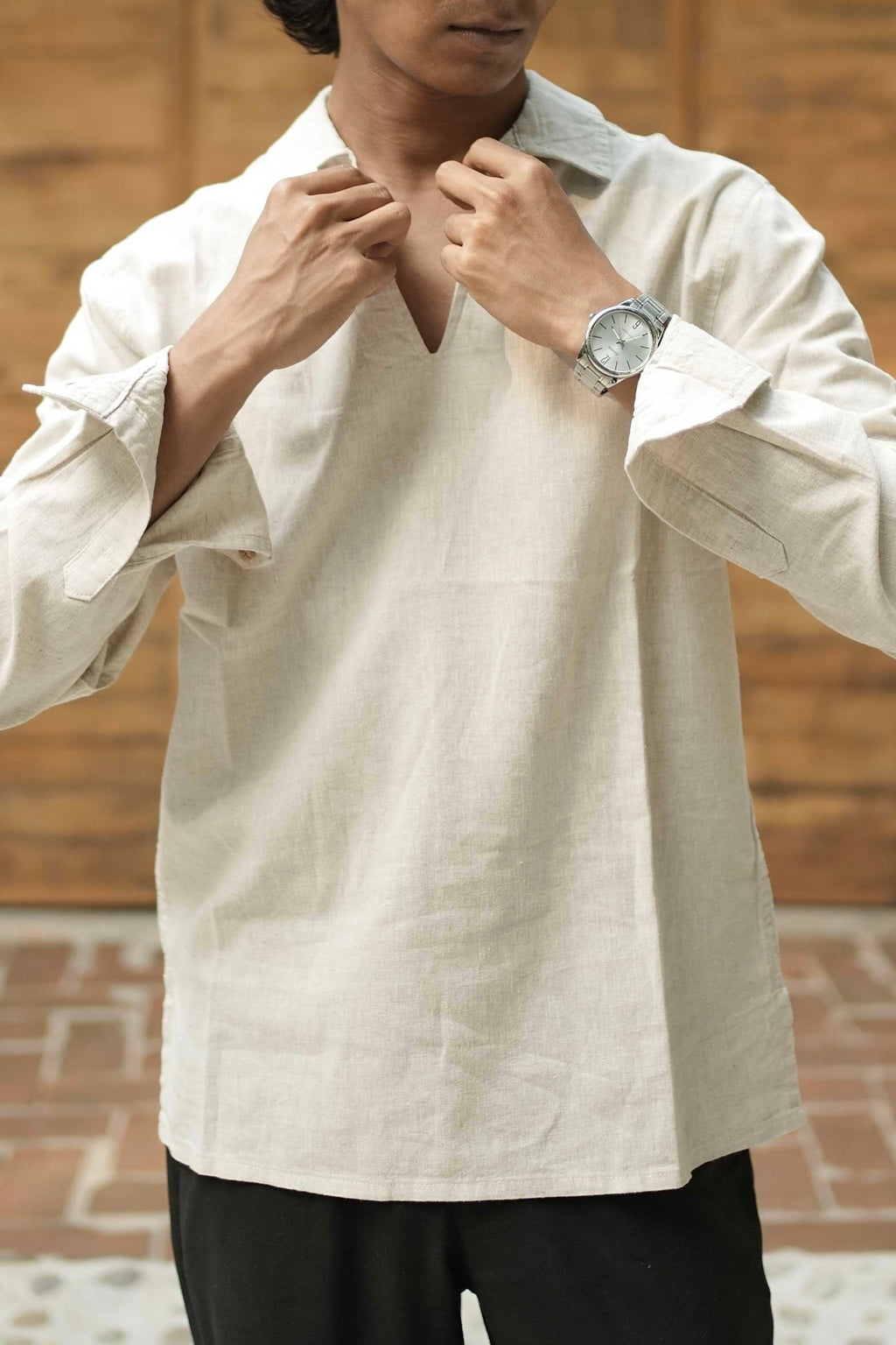 The Amalfi Shirt - Linen Effect V-Placket For Men  - Sand