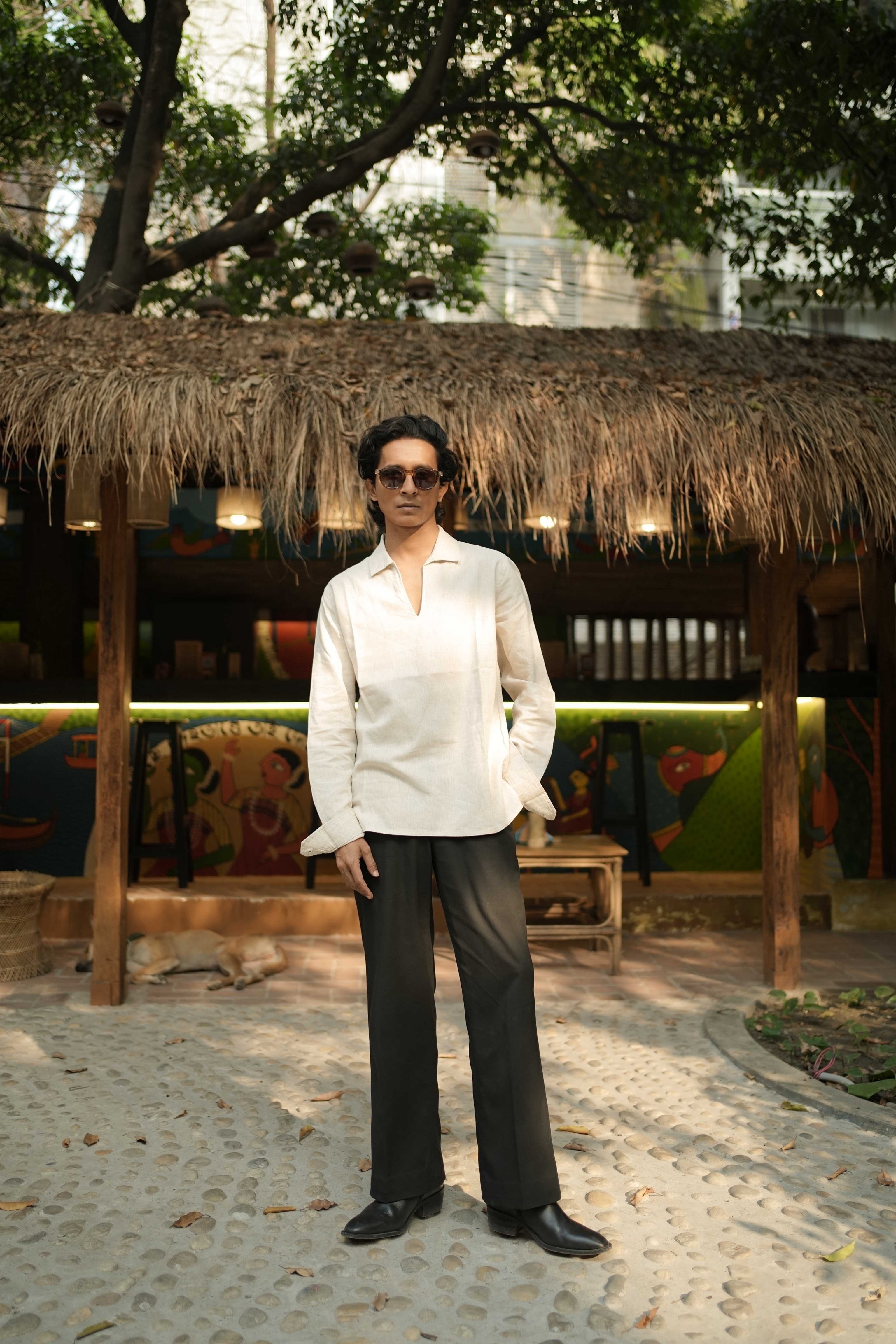 The Amalfi Shirt - Linen Effect V-Placket For Men  - Sand