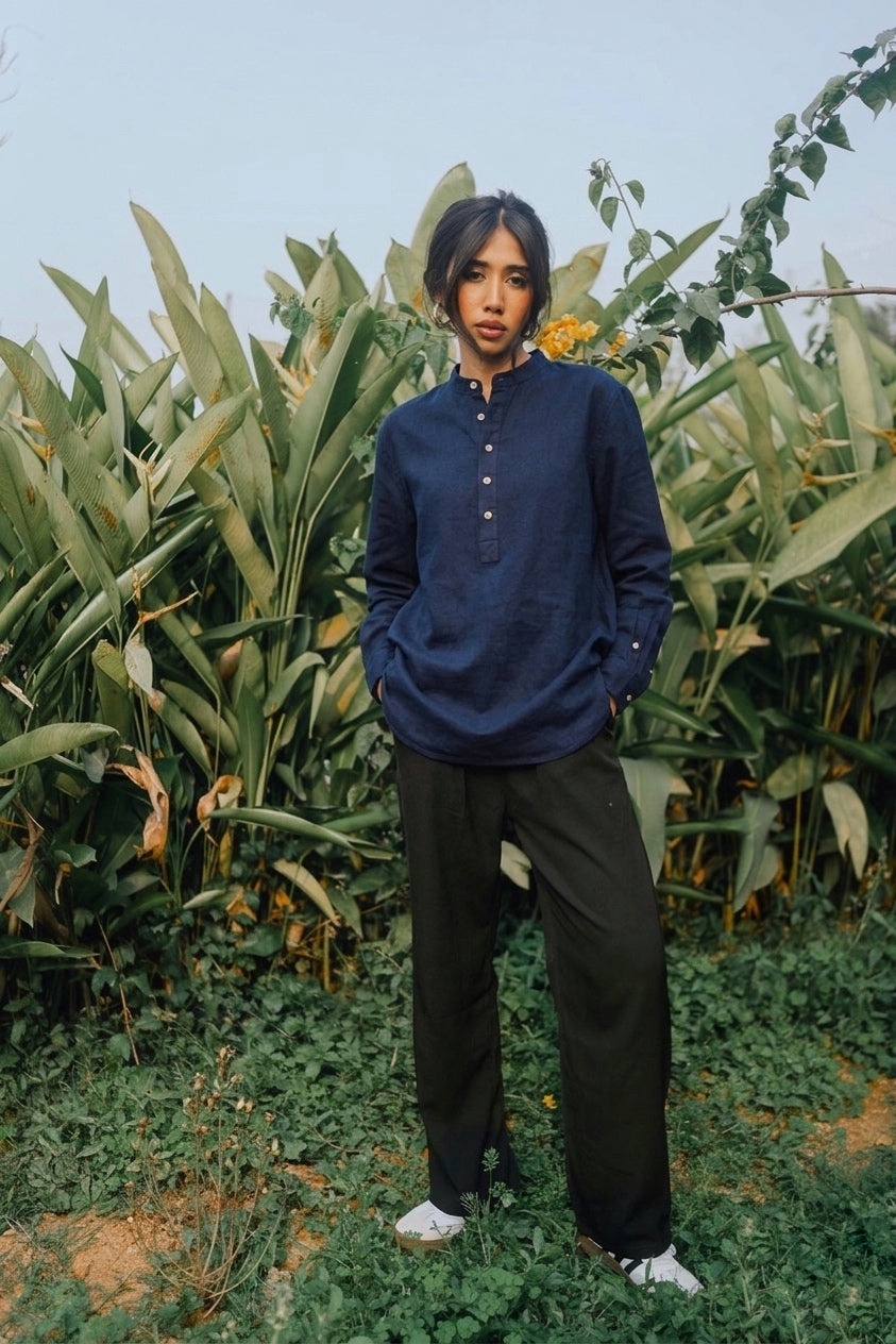 Linen Henley Katua - Deep Navy - Unisex