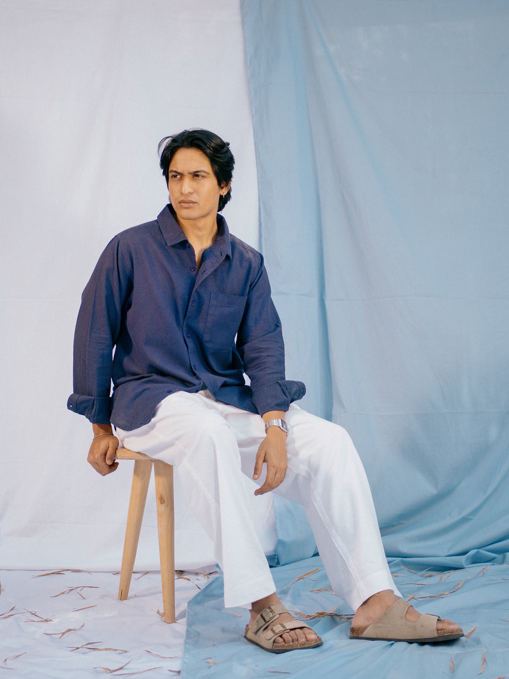 The European Collar - Linen - Long Sleeve Shirt For Men- Blue