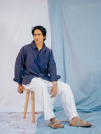 The European Collar - Linen - Long Sleeve Shirt For Men- Blue