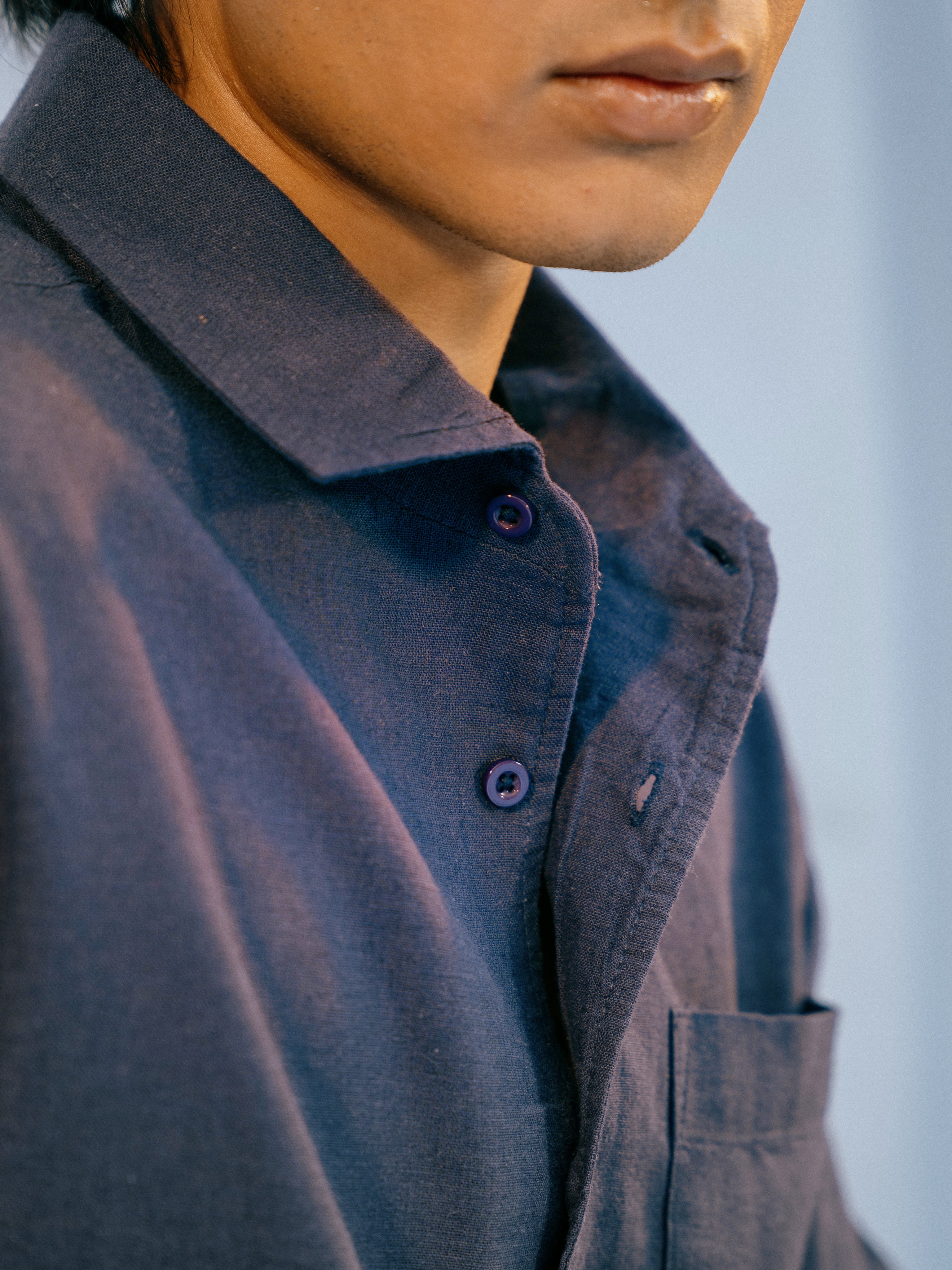 The European Collar - Linen - Long Sleeve Shirt For Men- Blue