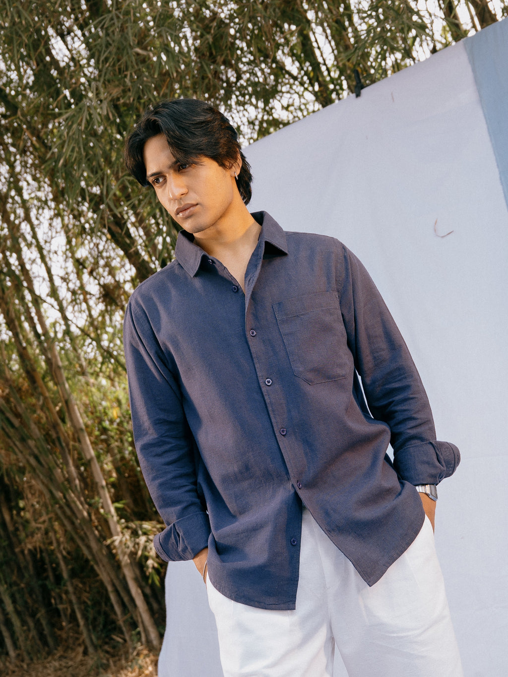 The European Collar - Linen - Long Sleeve Shirt For Men- Blue