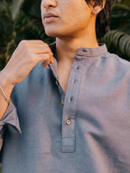 Linen Henley Katua For Men - Marble Blue