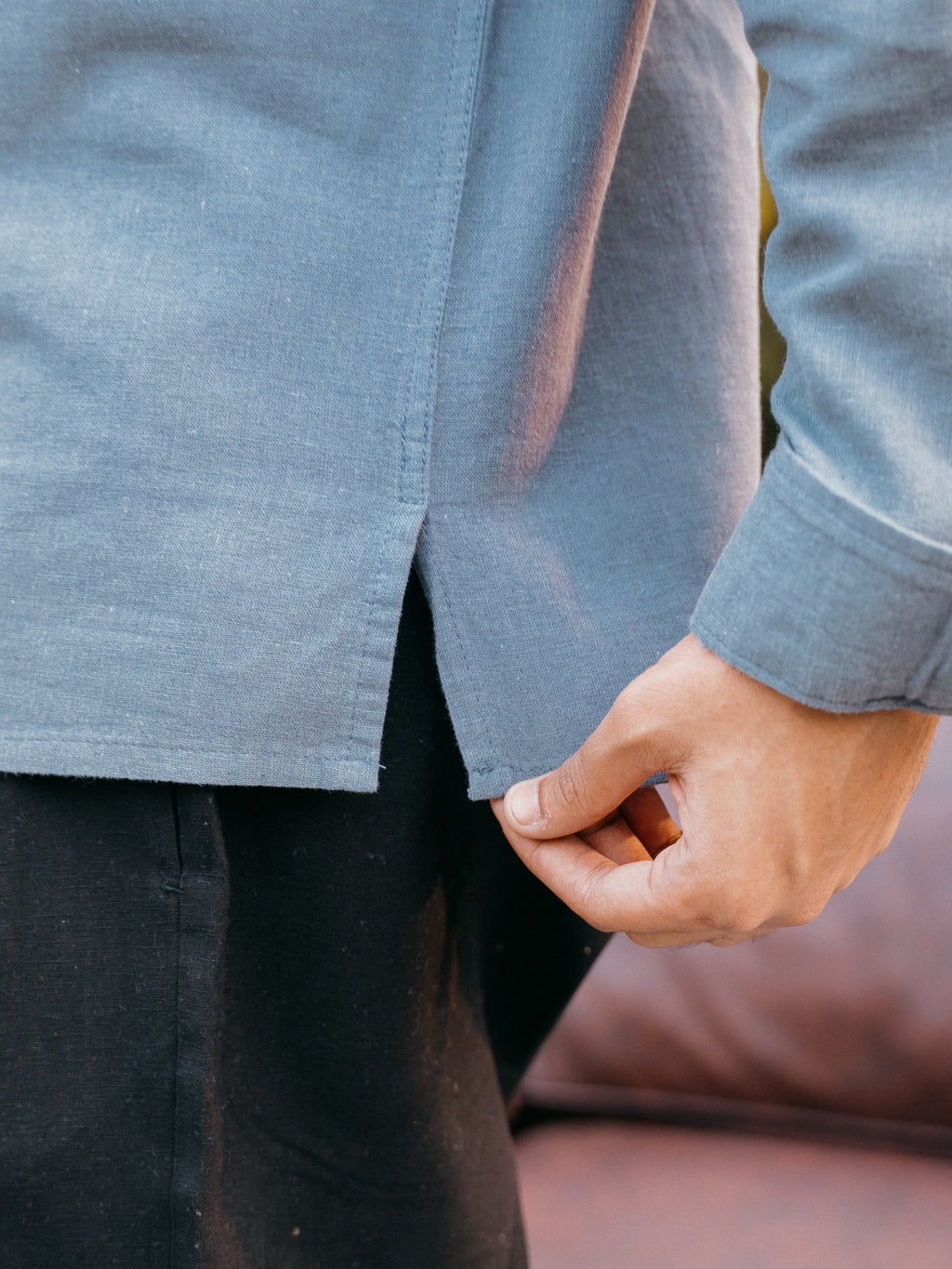 Linen Henley Katua For Men - Marble Blue