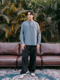 Linen Henley Katua For Men - Marble Blue