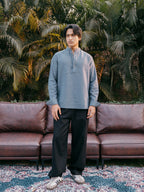 Linen Henley Katua For Men - Marble Blue