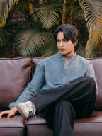 Linen Henley Katua For Men - Marble Blue