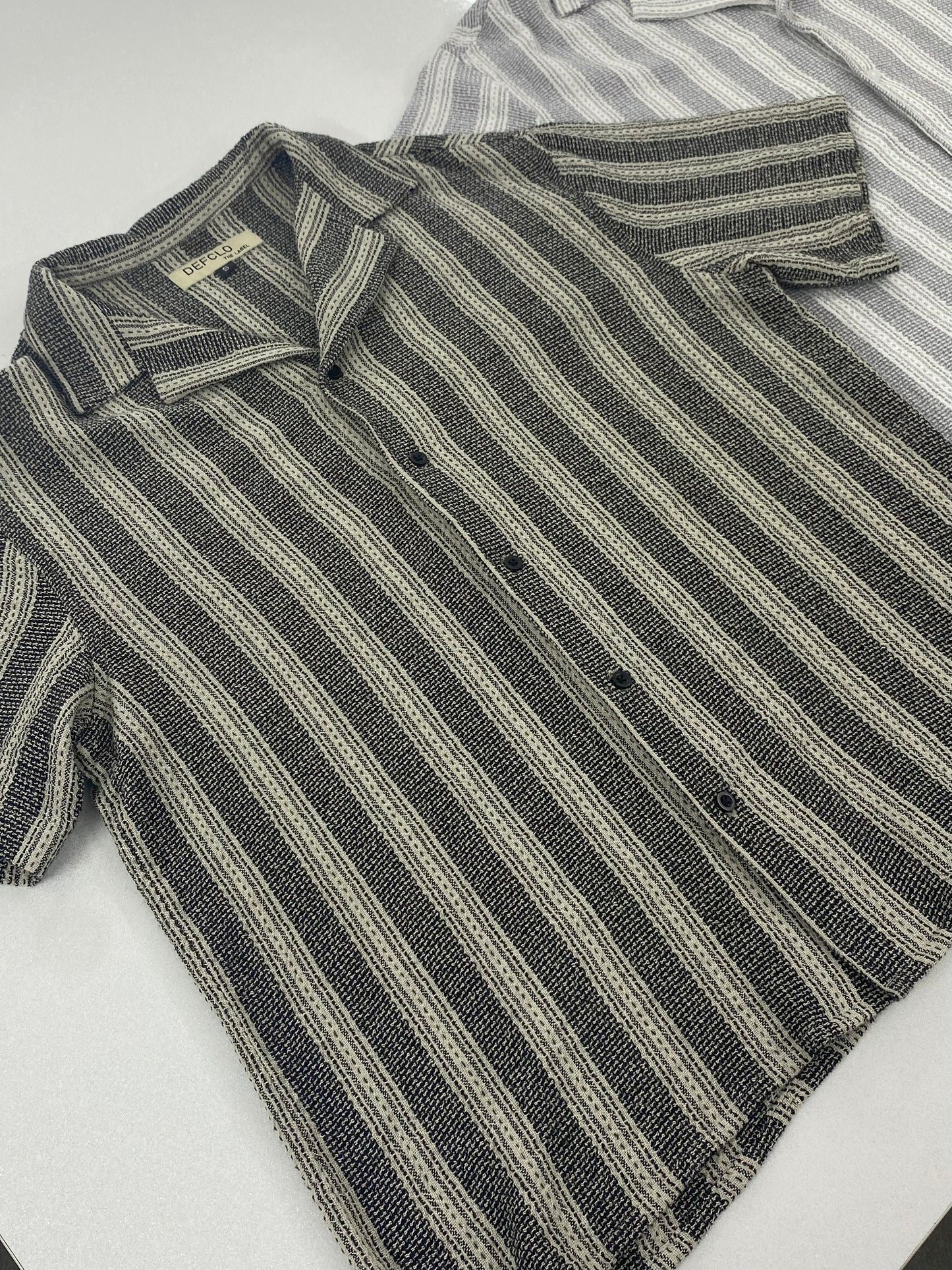 Revere Cuba - Black and Off White Stripe Textured Cuba - Revere Shirt For Men
