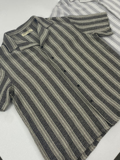 Revere Cuba - Black and Off White Stripe Textured Cuba - Revere Shirt For Men
