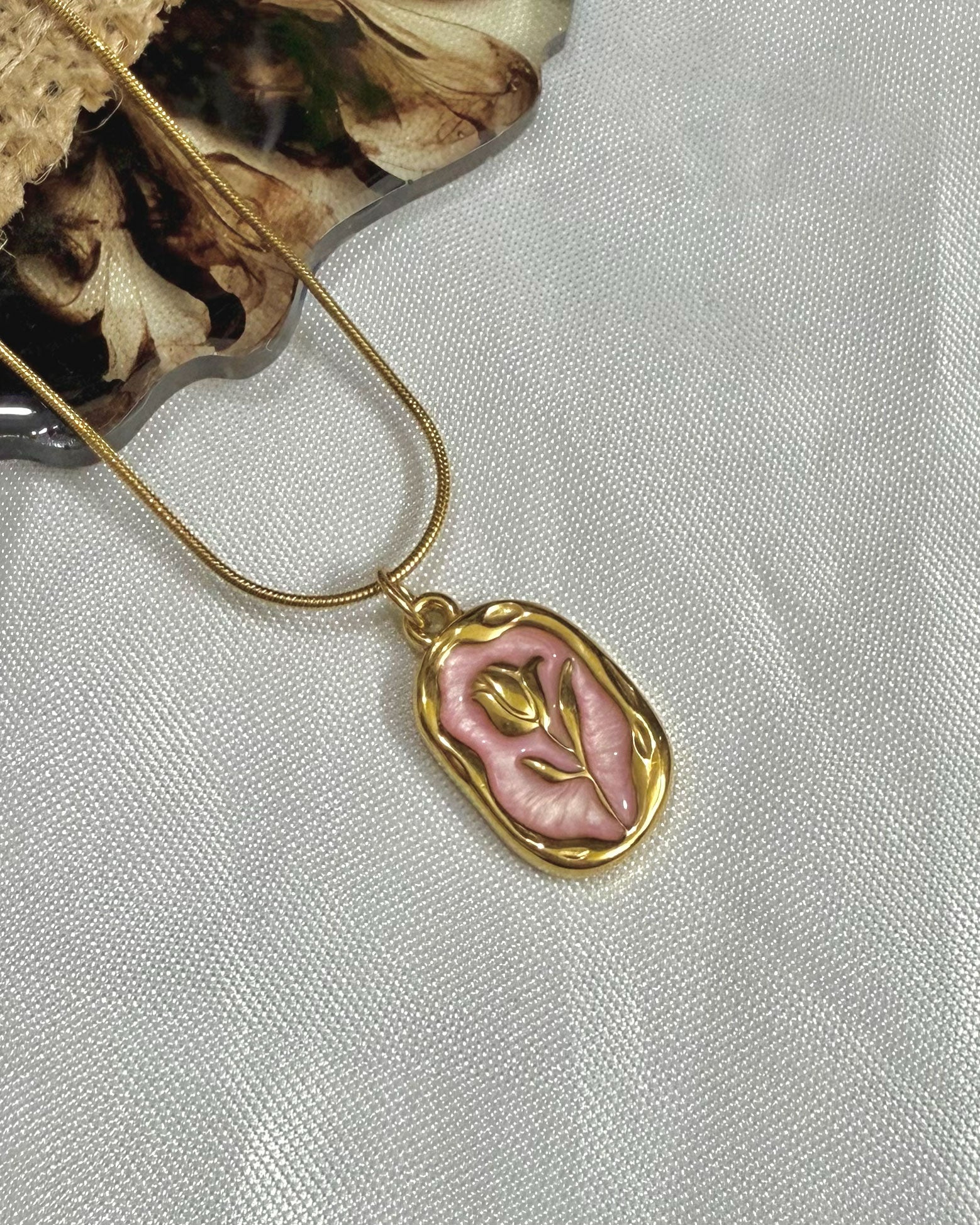 Pink Enamel Rose Pendant