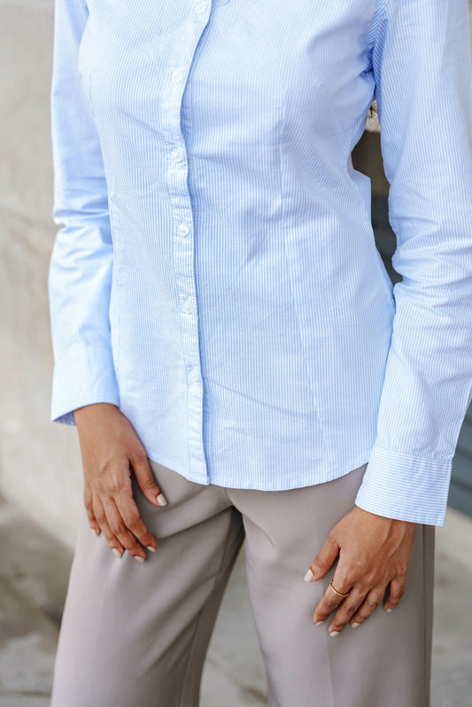 Fitted Shirt For Women - Light Blue and White Pinstripe