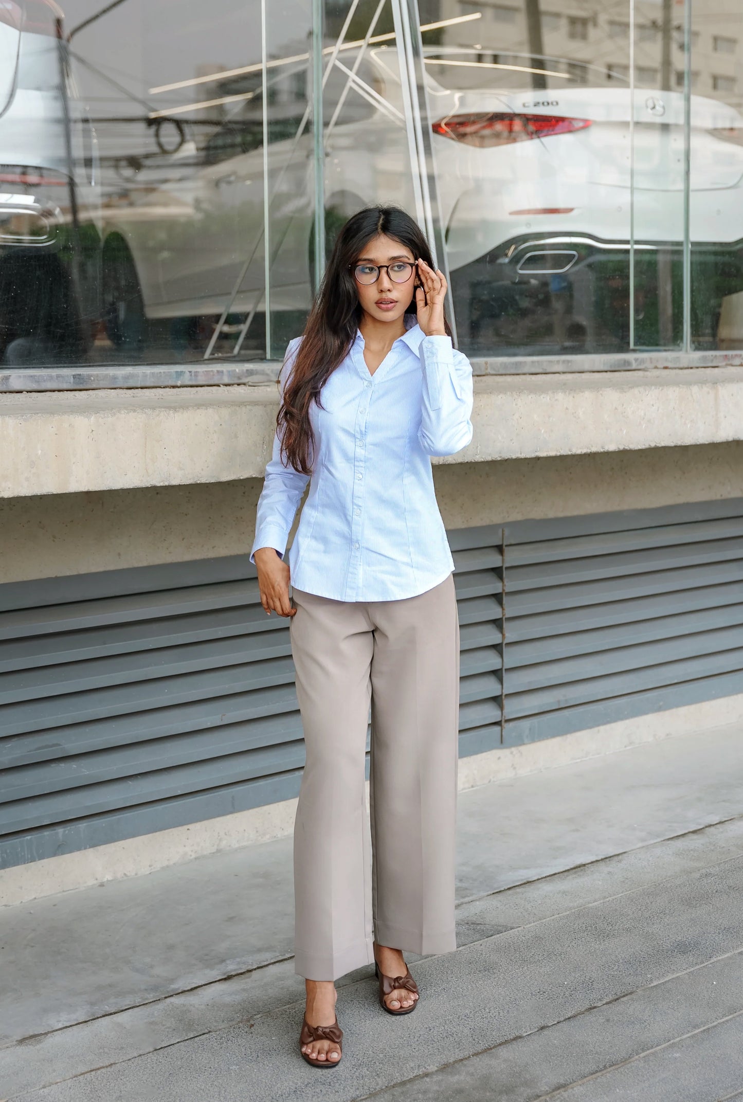 Fitted Shirt For Women - Light Blue and White Pinstripe