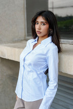 Fitted Shirt For Women - Light Blue and White Pinstripe