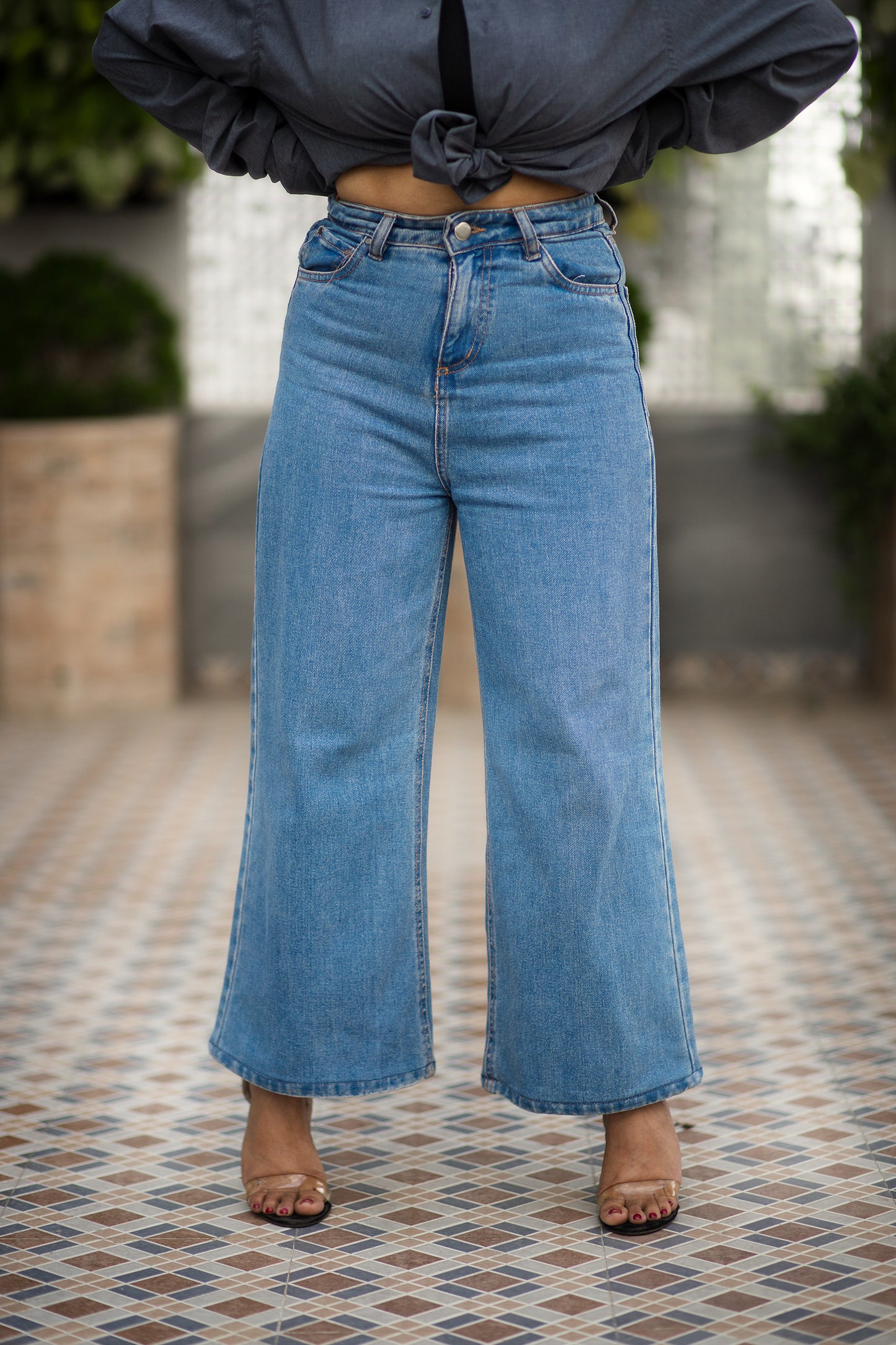 Wide Leg Jeans - High Waist Blue Denim