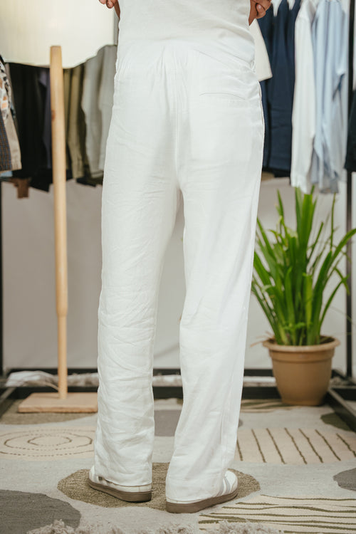 Light Weight Straight Leg Pleated Linen effect Pants For Men - Cloud White