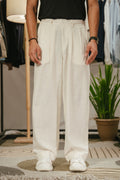 Light Weight Straight Leg Pleated Linen effect Pants For Men - Off White
