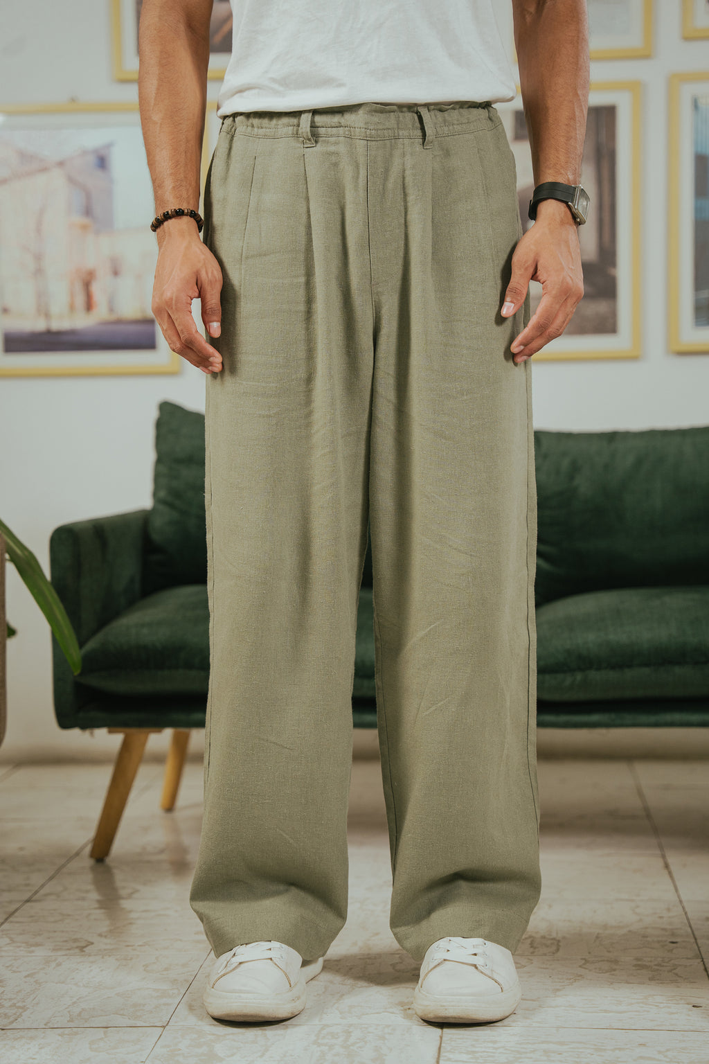 Light Weight Straight Leg Pleated Linen effect Pants For Men - Olive