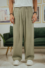 Light Weight Straight Leg Pleated Linen effect Pants For Men - Olive