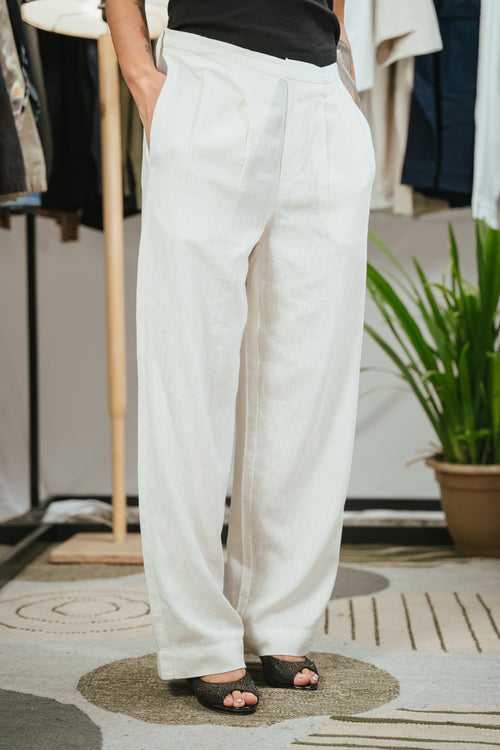 Light Weight Straight Leg Pleated Linen effect Pants For Women - Cloud White