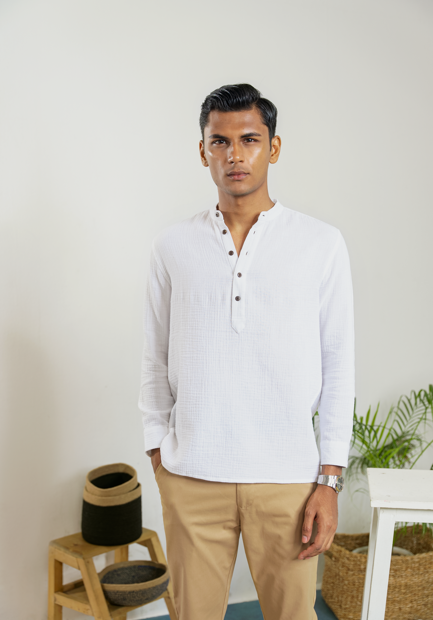 Waffle Henley for Men - White