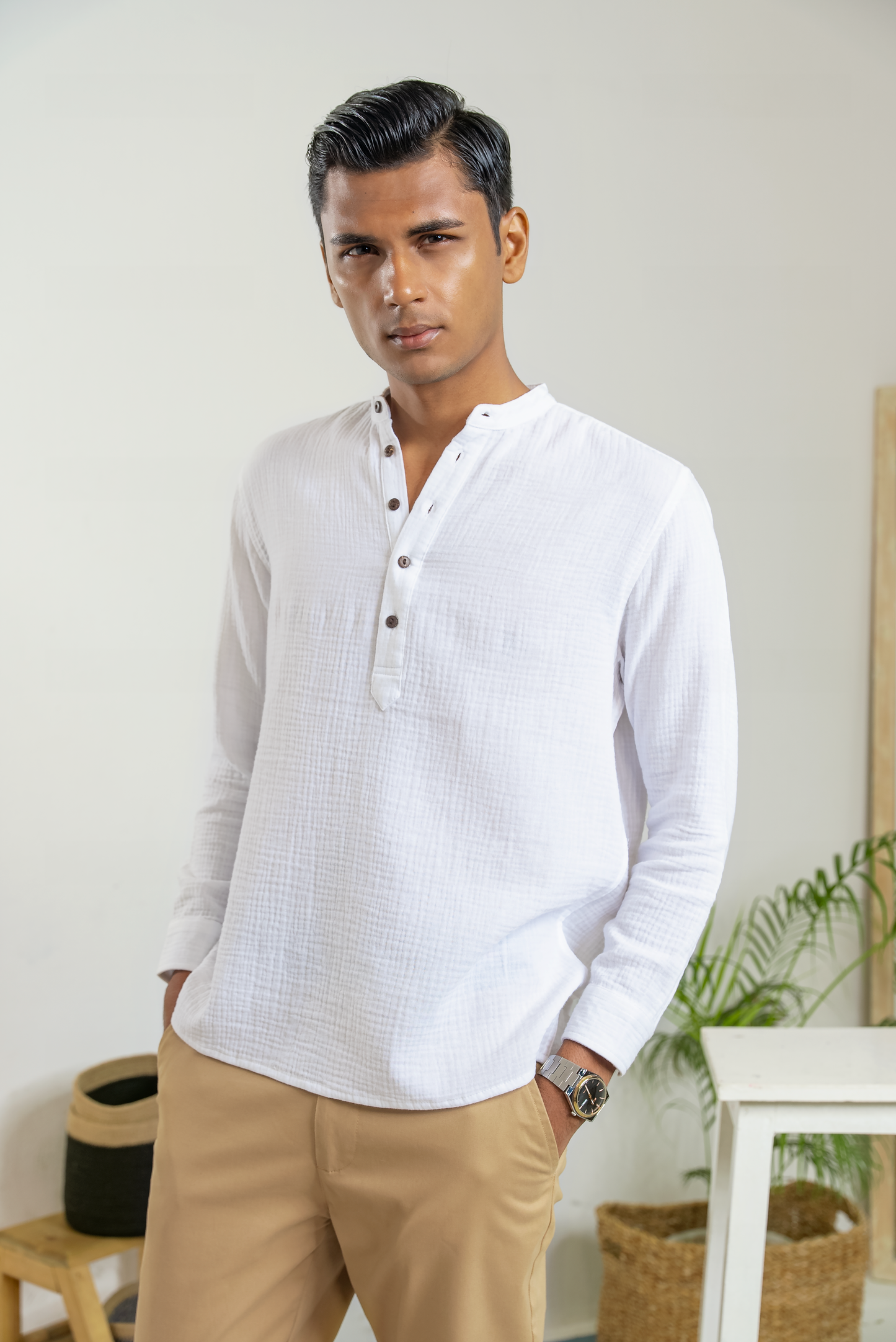 Waffle Henley for Men - White