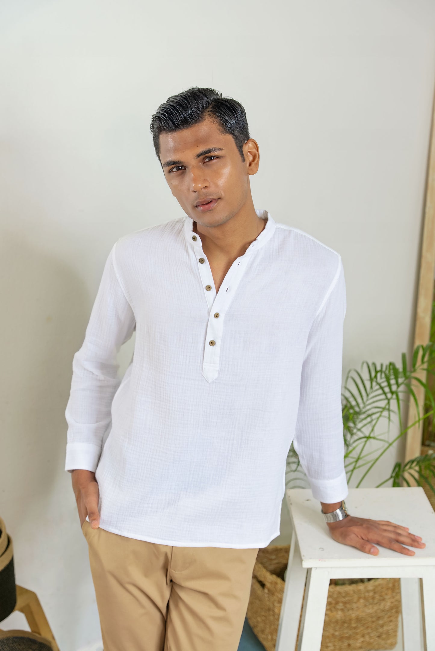 Waffle Henley for Men - White