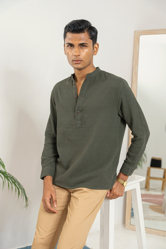 Waffle Henley for Men - Seaweed Green