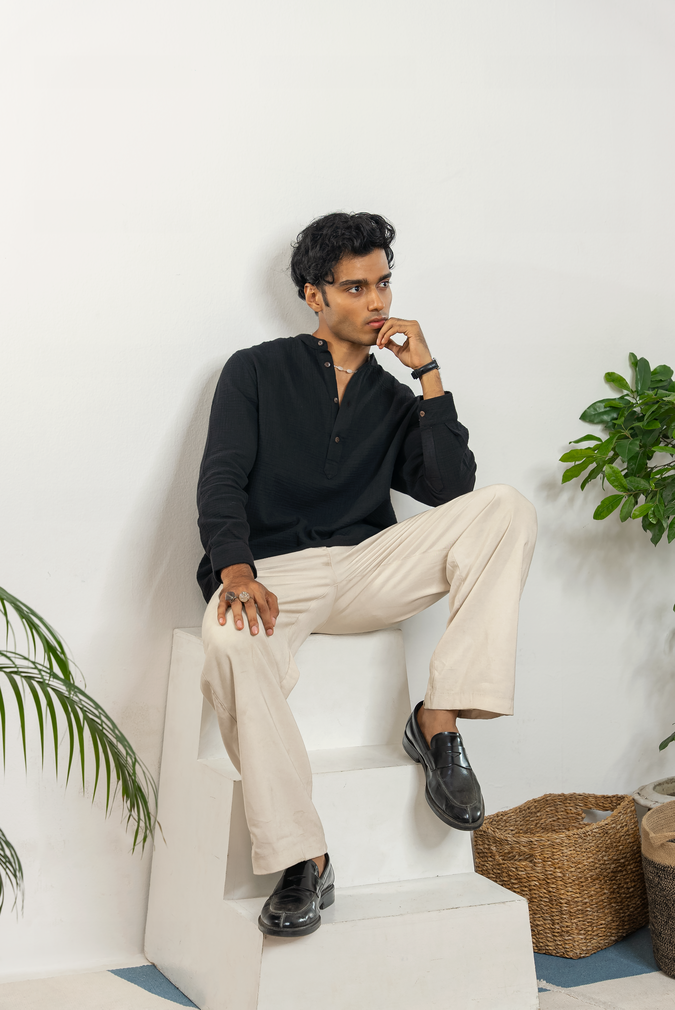 Waffle Henley for Men - Black