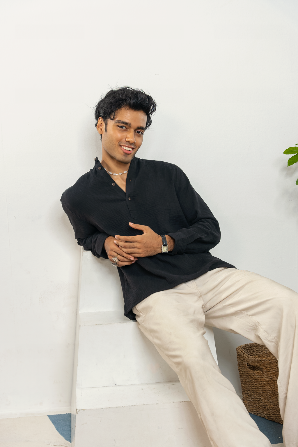 Waffle Henley for Men - Black