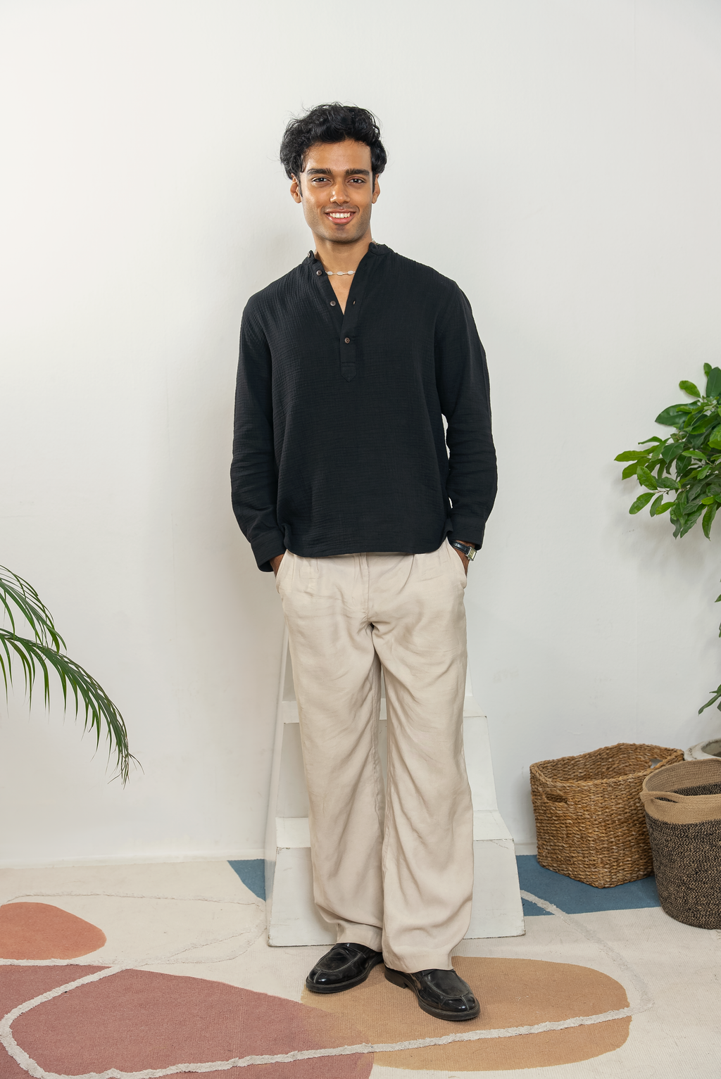 Waffle Henley for Men - Black