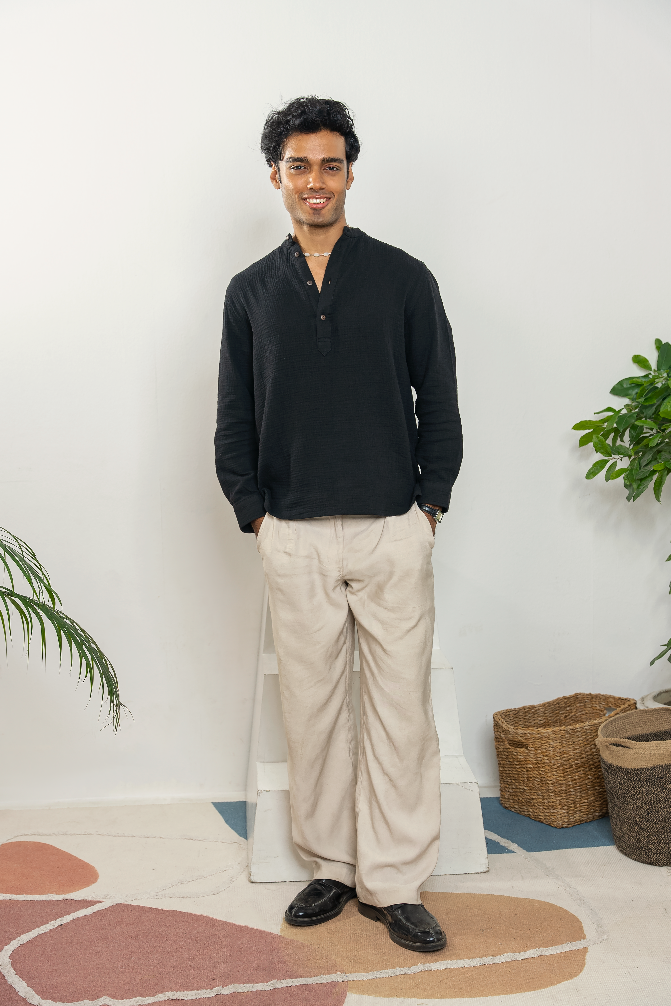 Waffle Henley for Men - Black