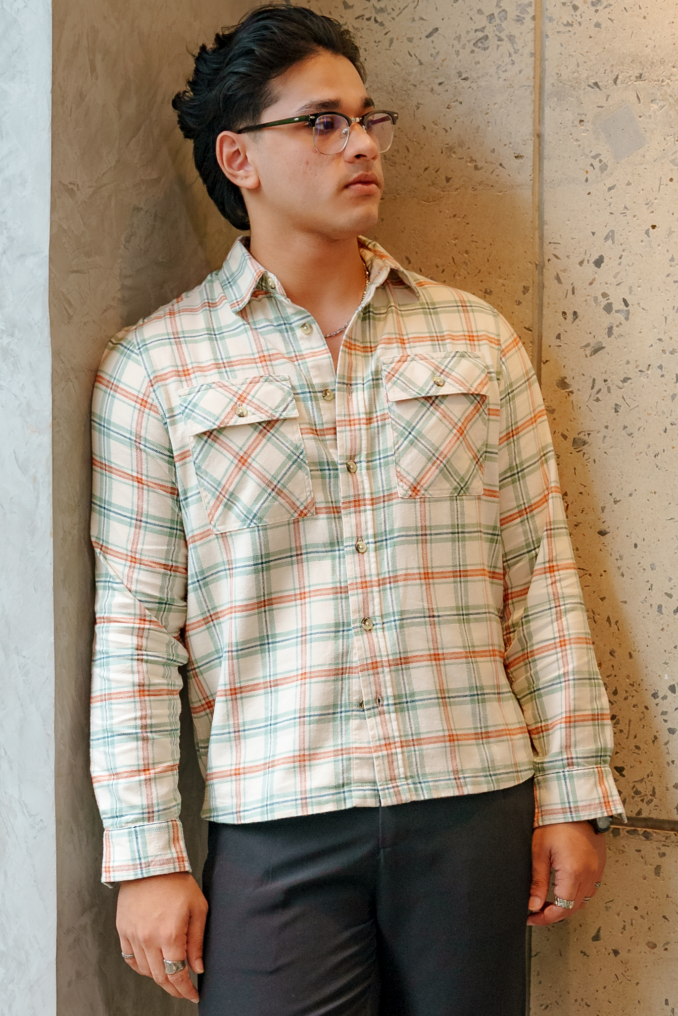 Flannel for Men - Cream and Green - Dual Pocket Shirts