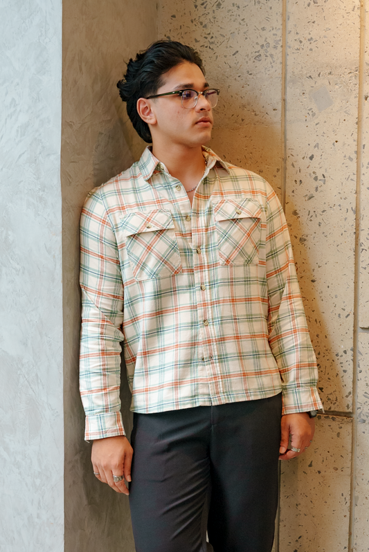 Flannel for Men - Cream and Green - Dual Pocket Shirts