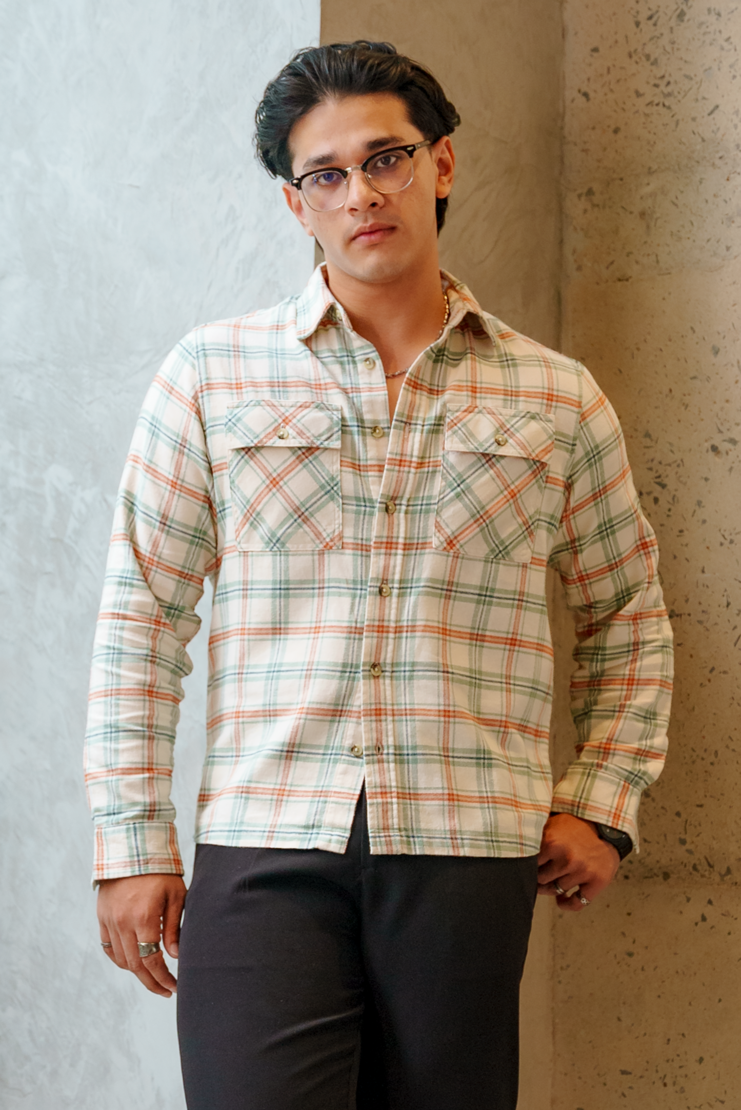 Flannel for Men - Cream and Green - Dual Pocket Shirts