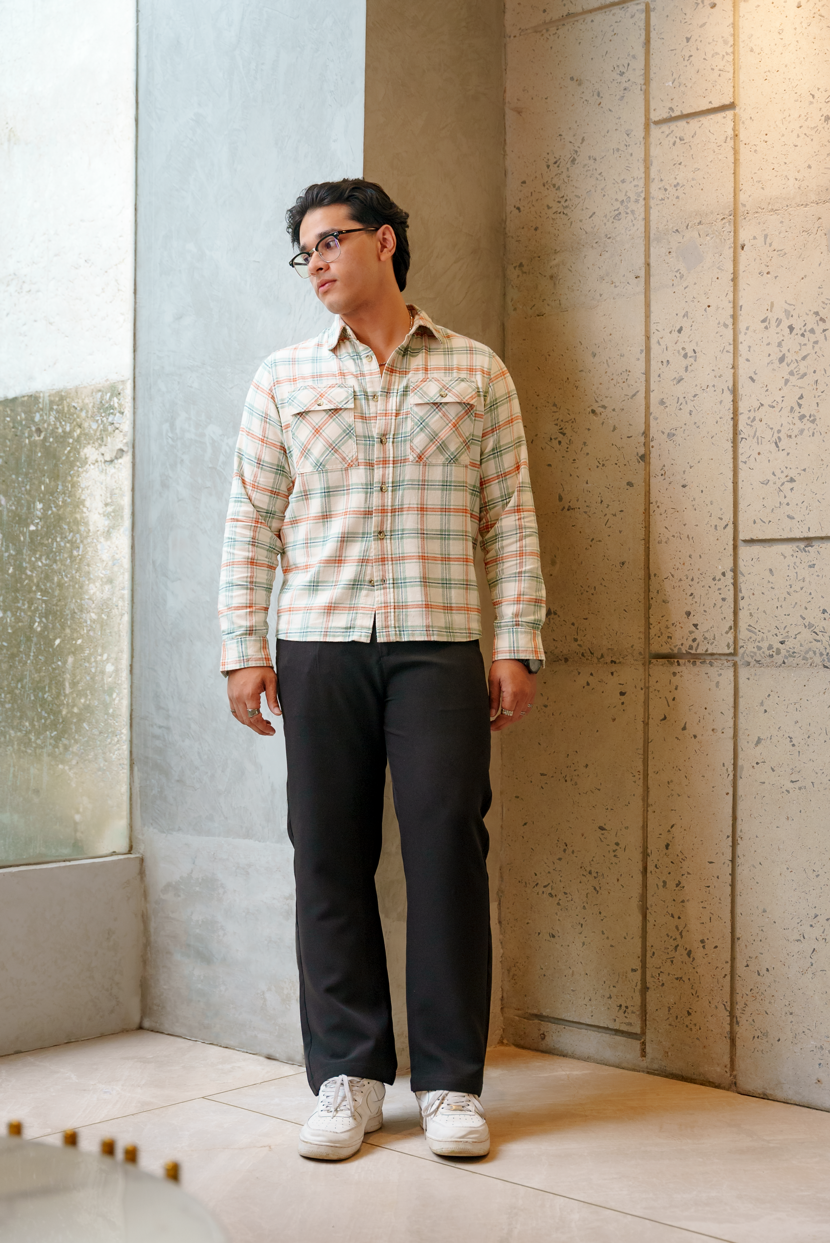 Flannel for Men - Cream and Green - Dual Pocket Shirts