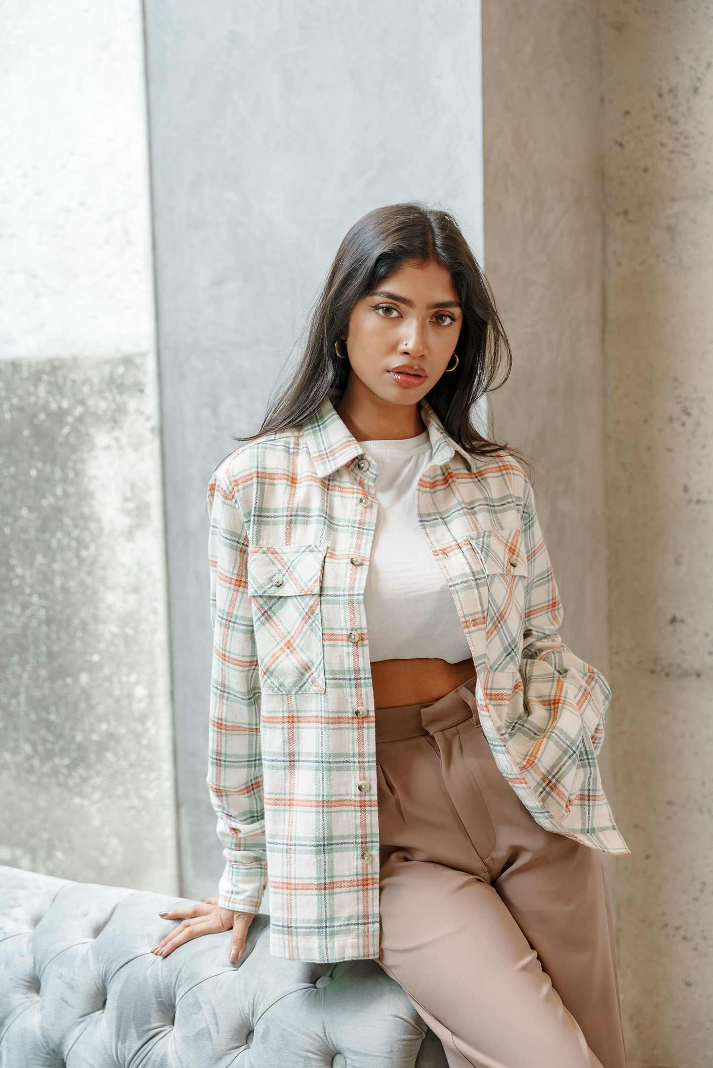 Flannel - Unisex - Cream and Green - Dual Pocket Shirts