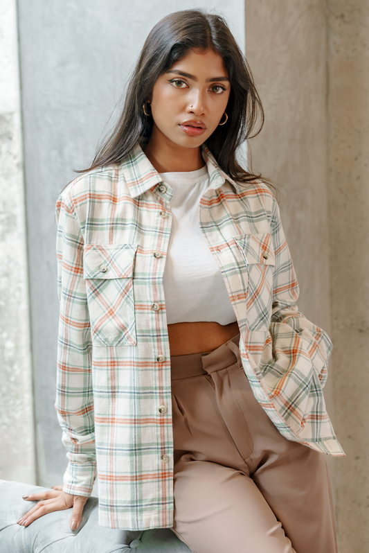 Flannel - Unisex - Cream and Green - Dual Pocket Shirts