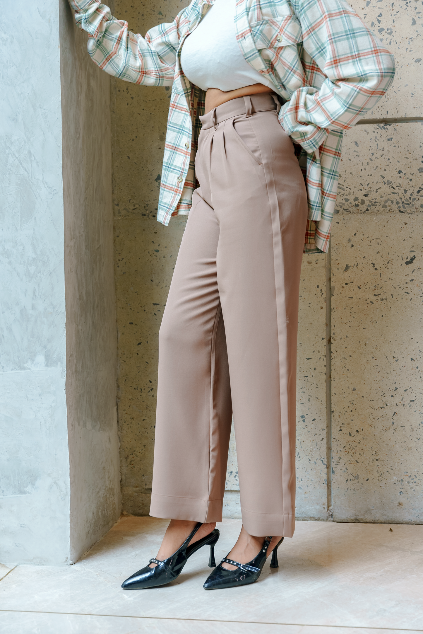 Pleated High Waist - Straight Leg Pants For Women -  Light Brown