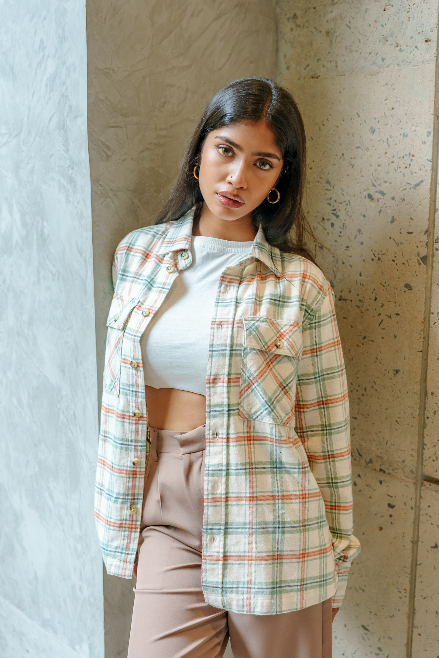 Flannel - Unisex - Cream and Green - Dual Pocket Shirts