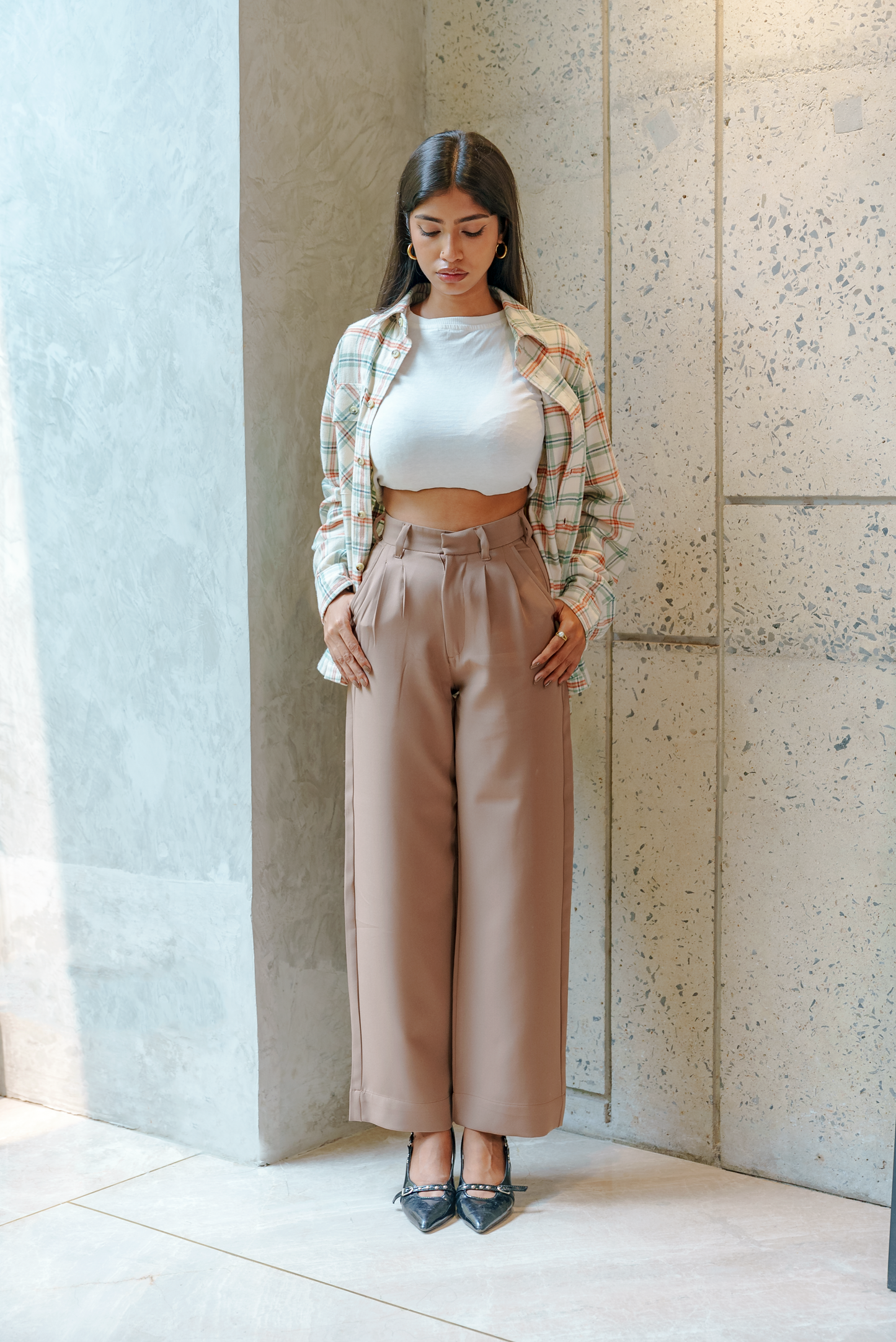 Pleated High Waist - Straight Leg Pants For Women -  Light Brown