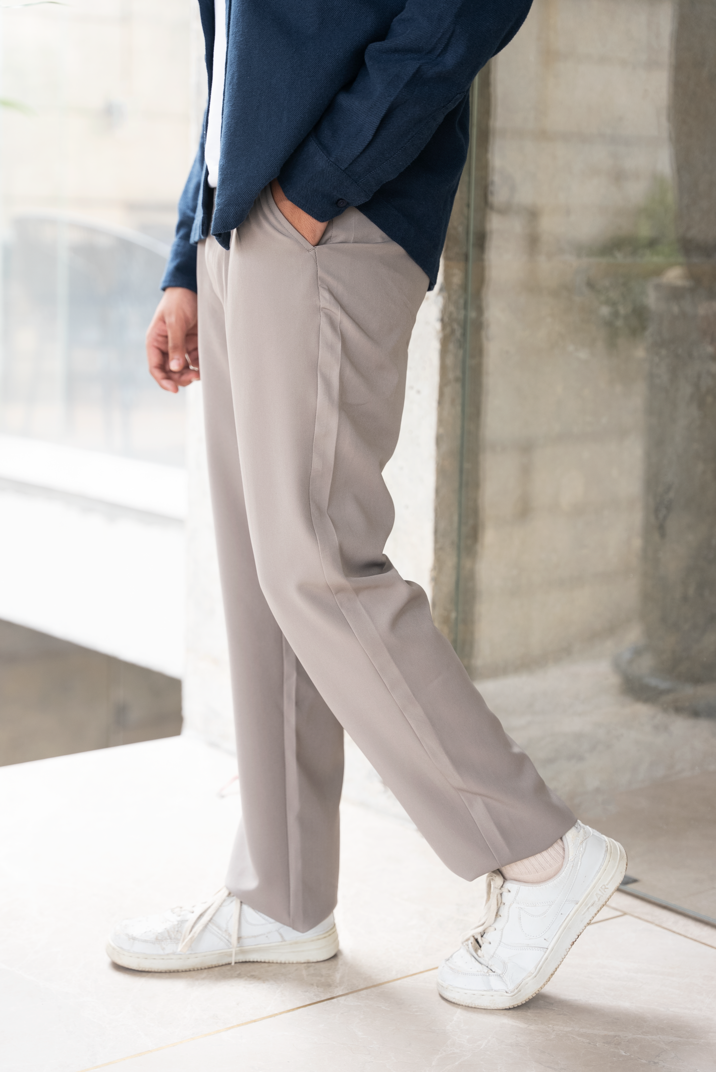 Pleated Straight Leg Pants For Men - Ash - Loose Fit