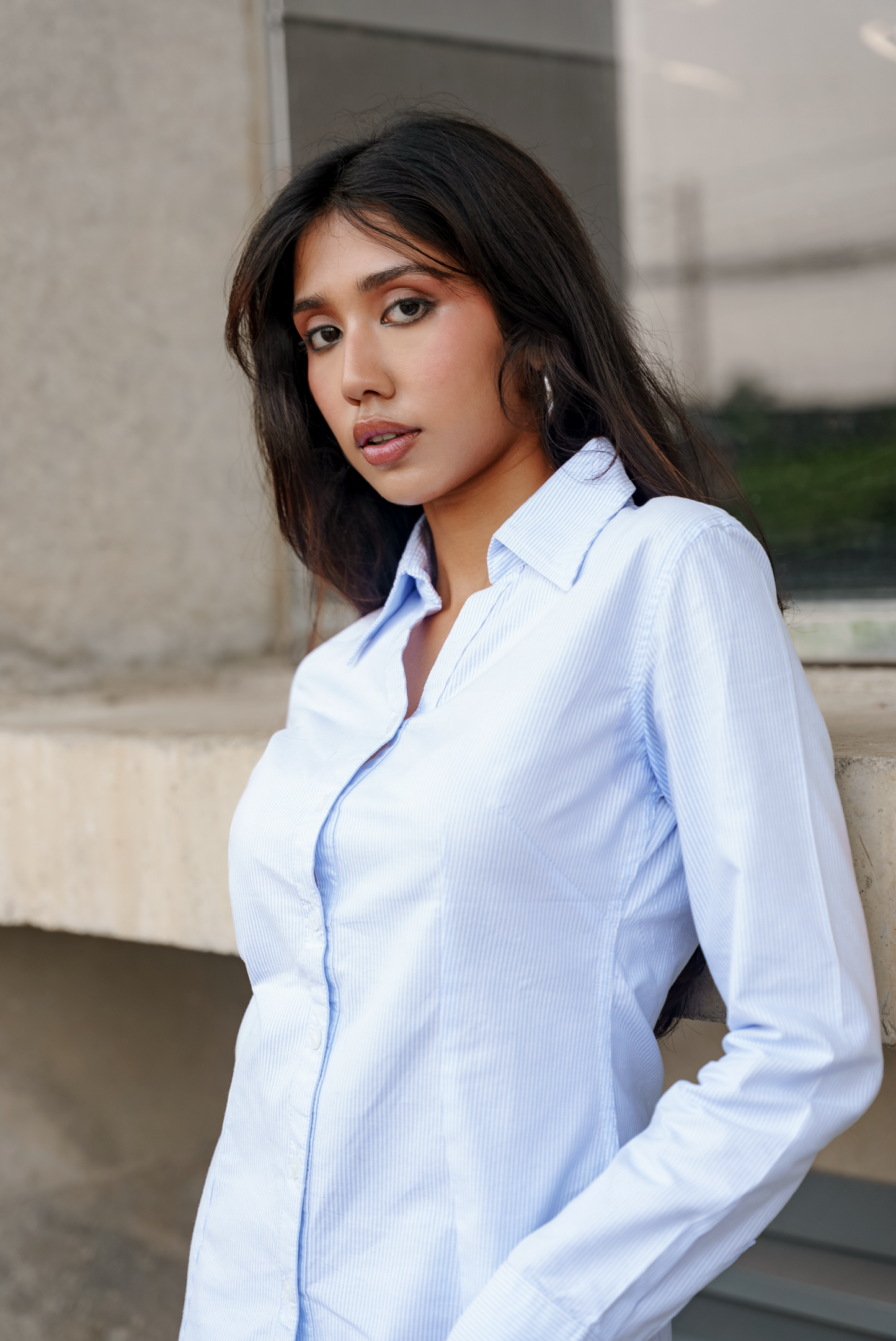 Fitted Shirt For Women - Light Blue and White Pinstripe